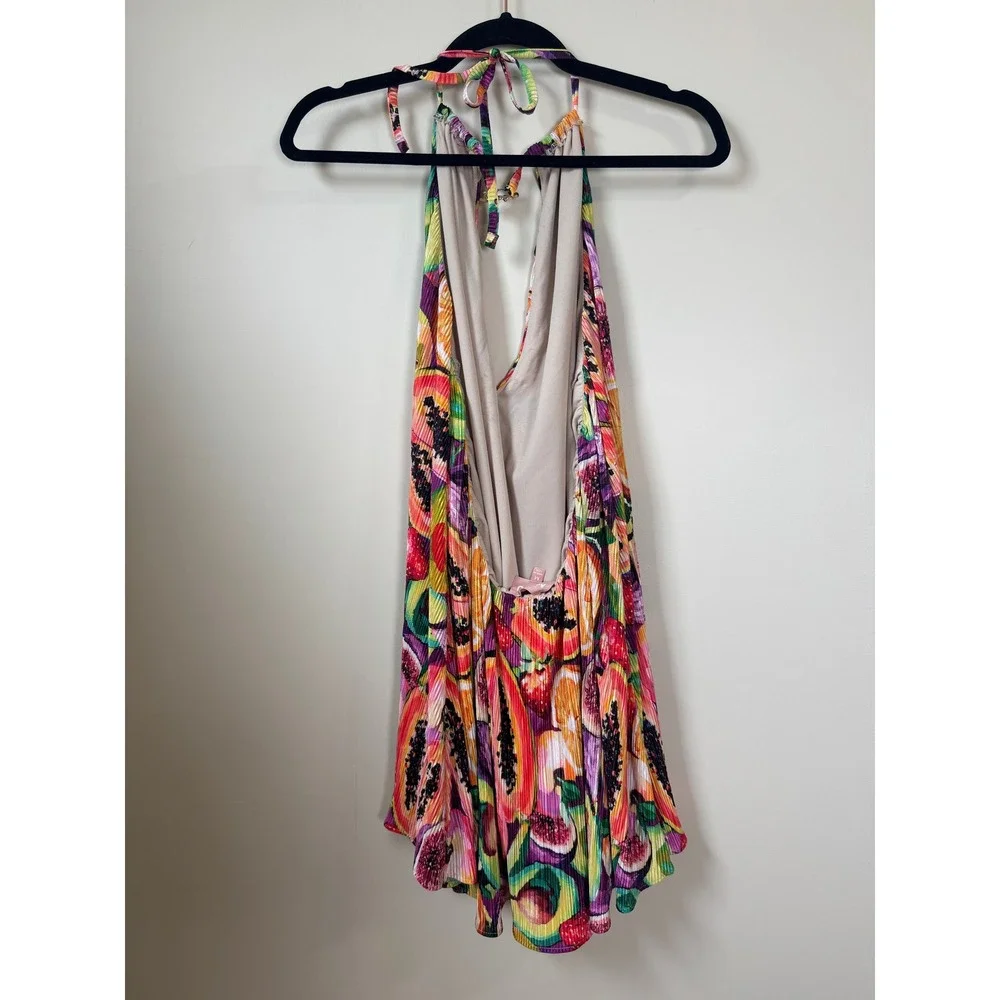 Show Me Your Mumu Fruit Print Pleated Halter Mini Dress Tropical Summer - Picture 5 of 5